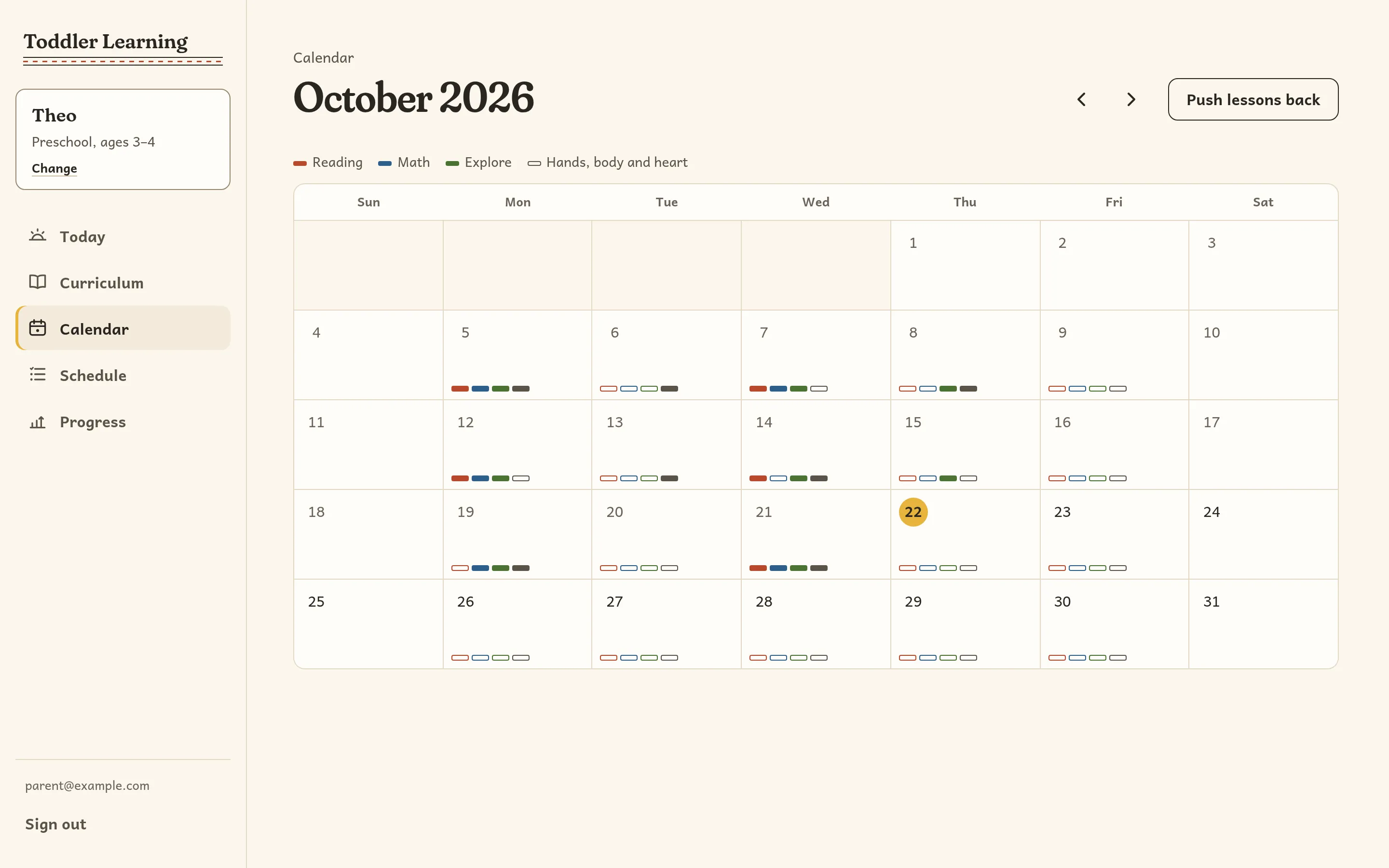 The October calendar, with a colored mark for each area finished that day and today highlighted in yellow.