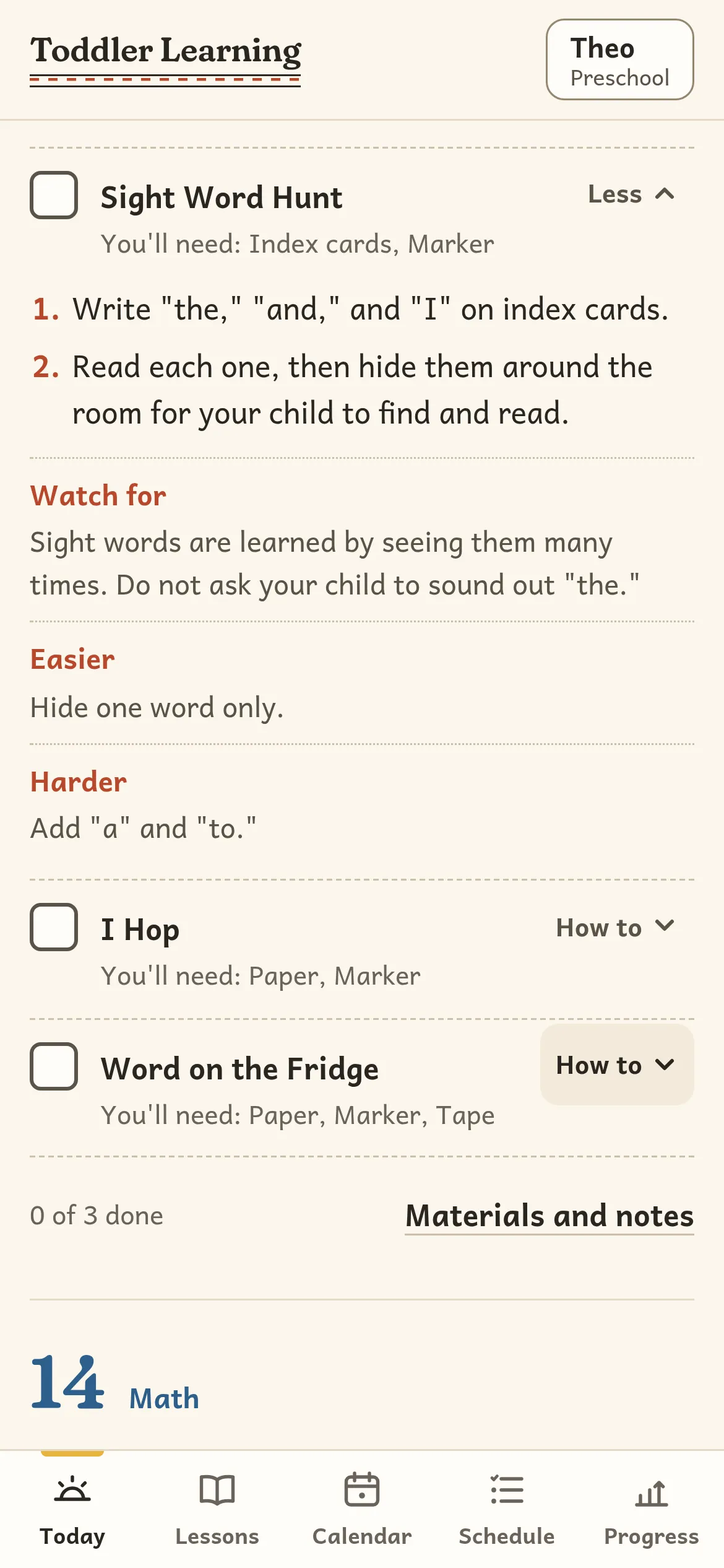 An open activity card on a phone: Sight Word Hunt, with two numbered steps and Watch for, Easier and Harder notes.
