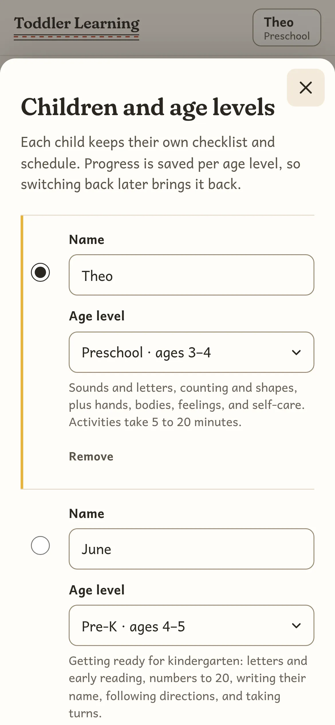 The Children and age levels sheet: two children, one on Preschool and one on Pre-K.